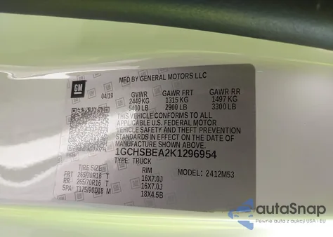 2019 Chevrolet Colorado Wt из США, поврежденный, VIN 1GCHSBEA2K1296954